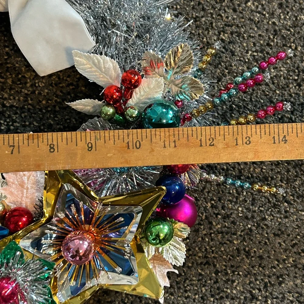 Vintage Repurposed Festive Silver Tinsel and Multicolor Holiday Wreath - Picture 7 of 7